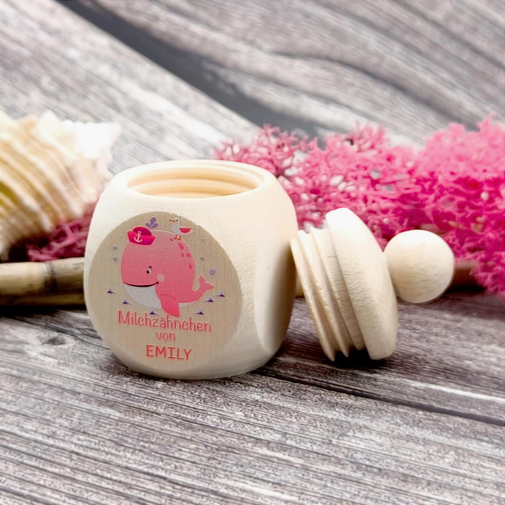 Personalisierte Milchzahndose Wal mit Namen - rosa