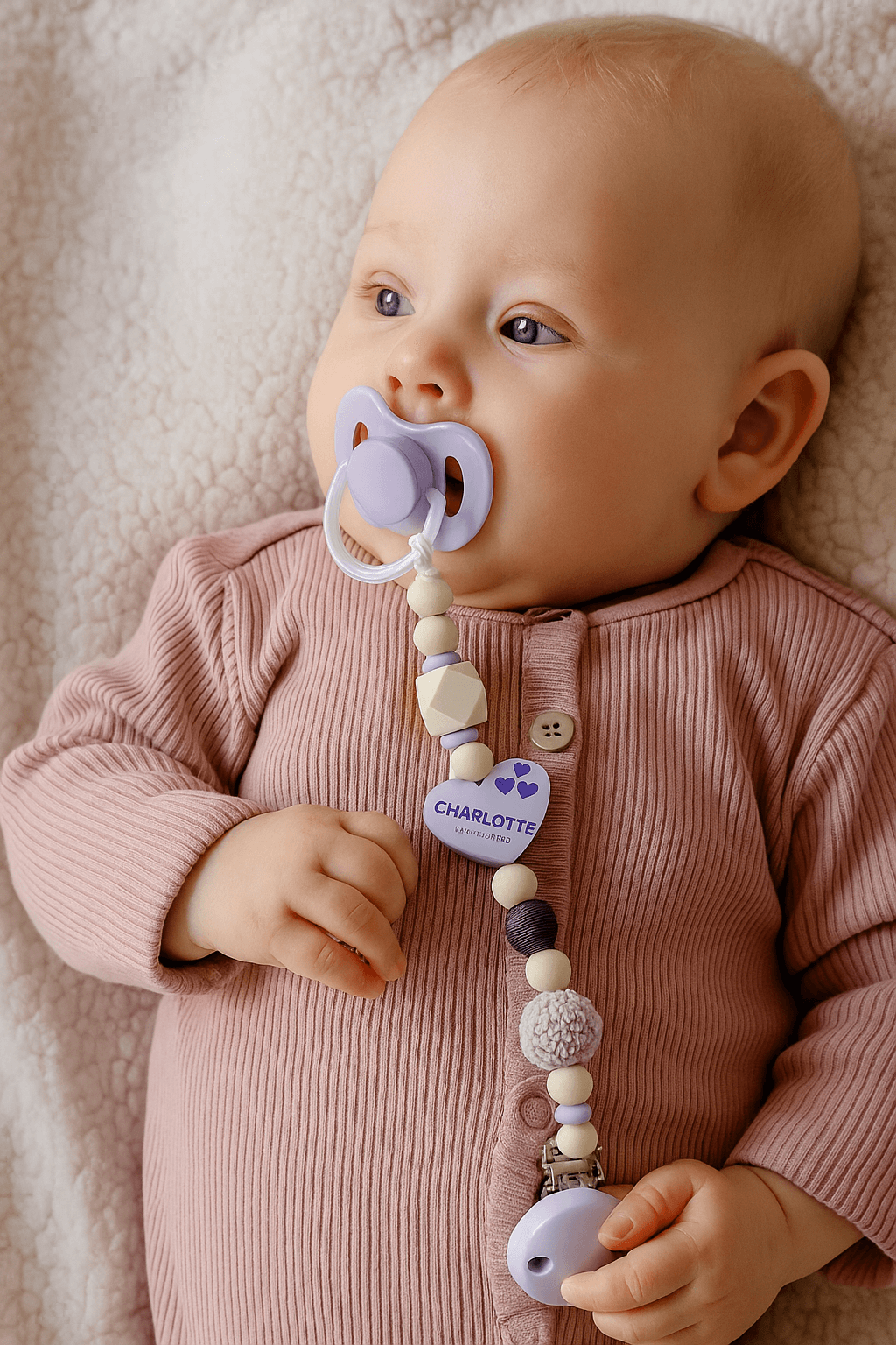 Personalisierte Schnullerkette aus Holzperlen "Herz" flieder Bastelset