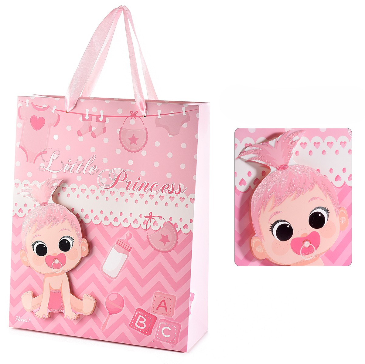 Geschenktüte mit 3D-Babymotiv mittelgroß - rosa