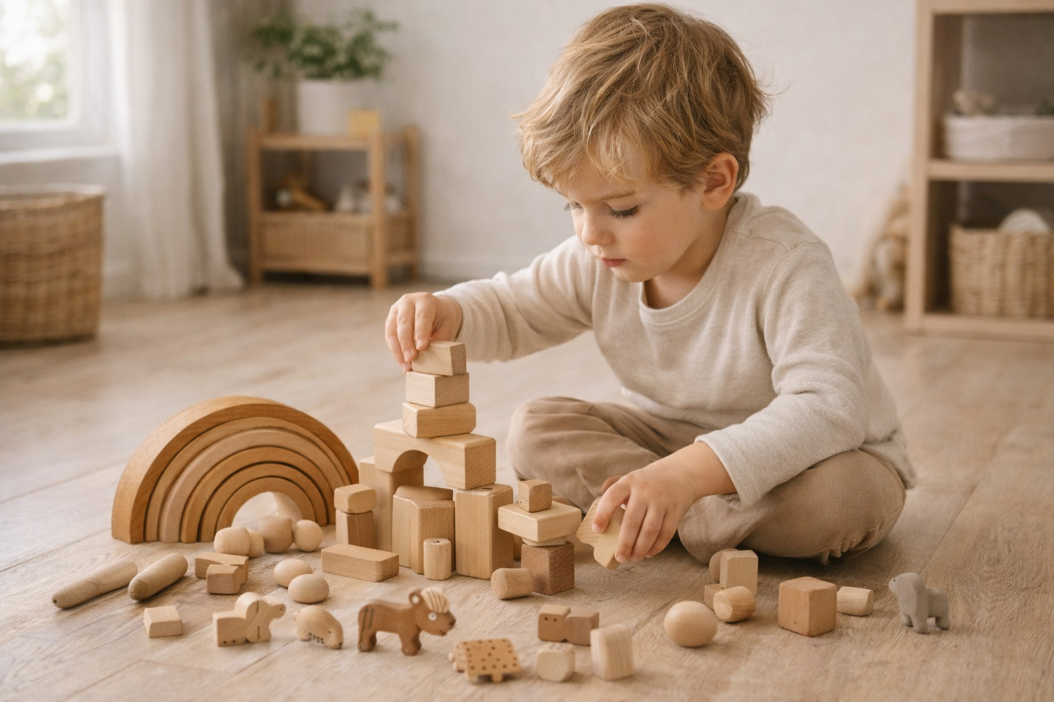 Junge-baut-mit-Holzspielzeug-am-Boden