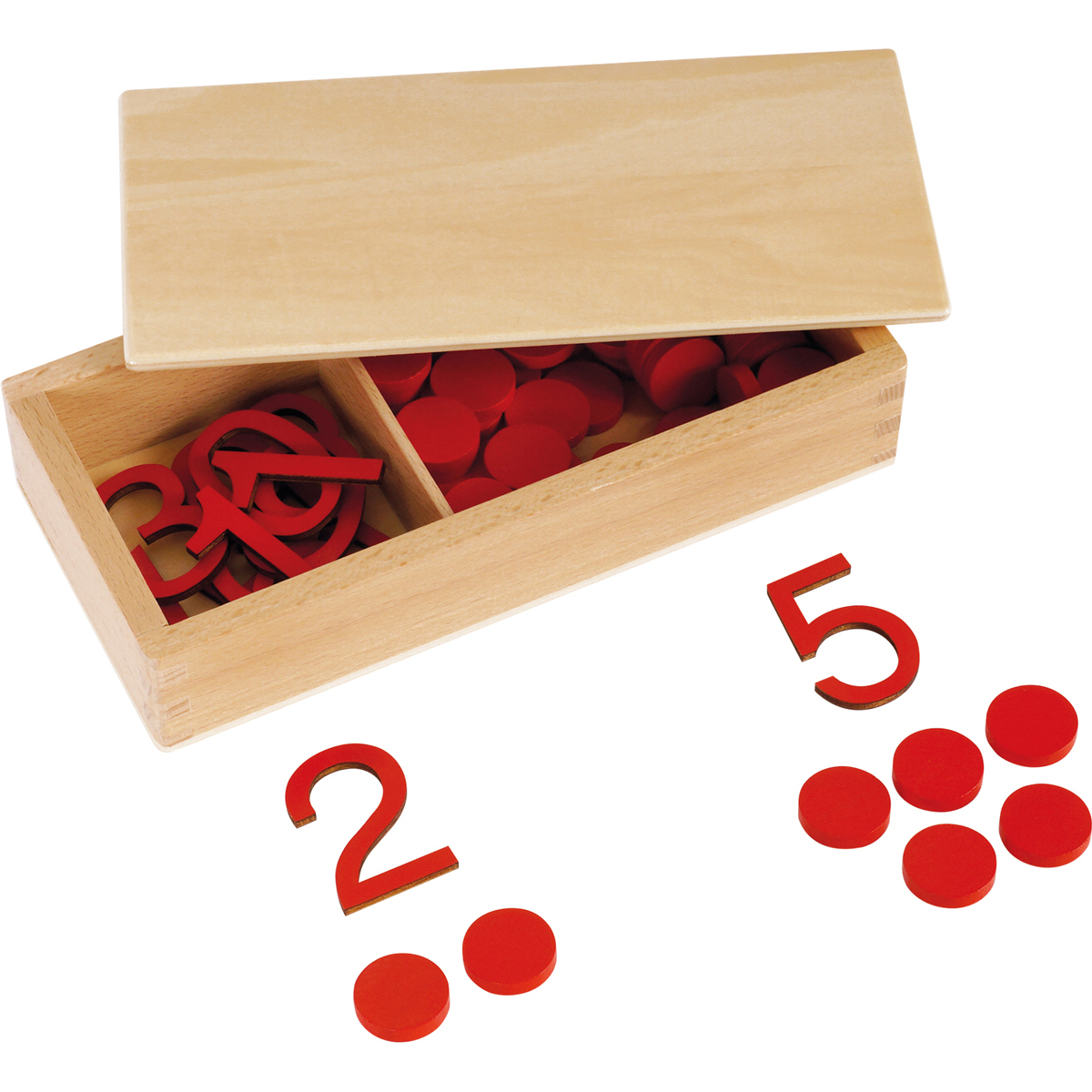 Montessori Ziffern und Chips in Holzbox
